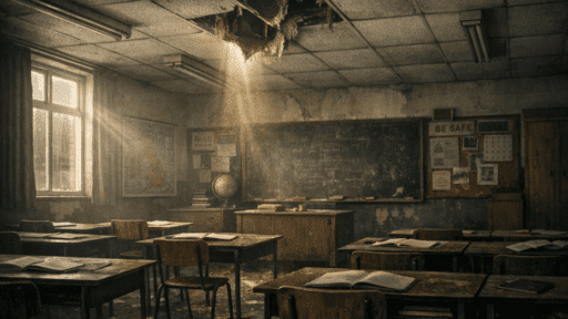 Damaged ceiling tile releasing asbestos dust in classroom