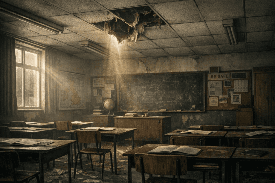 Damaged ceiling tile releasing asbestos dust in classroom