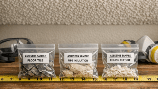 Three asbestos sample bags on measuring tape for 3-5-7 rule