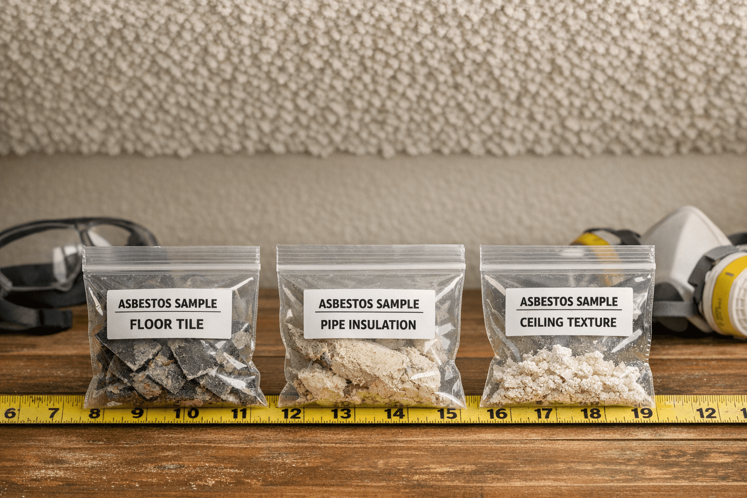 Three asbestos sample bags on measuring tape for 3-5-7 rule