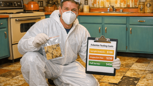 Surveyor taking asbestos sample from vintage kitchen floor