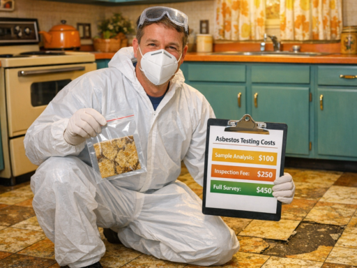 Surveyor taking asbestos sample from vintage kitchen floor