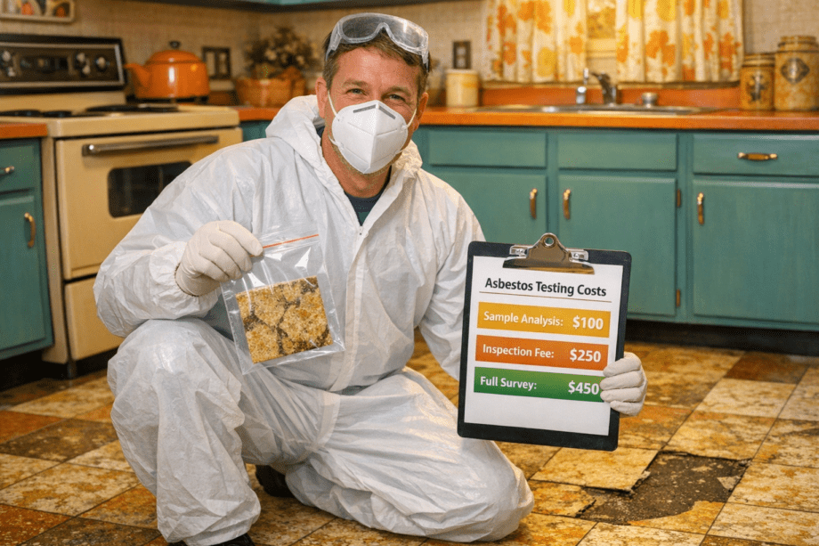 Surveyor taking asbestos sample from vintage kitchen floor