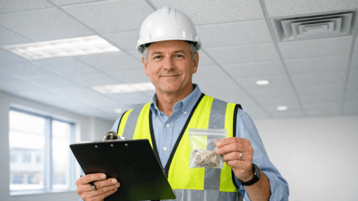 Surveyor inspecting ceiling for asbestos during management survey