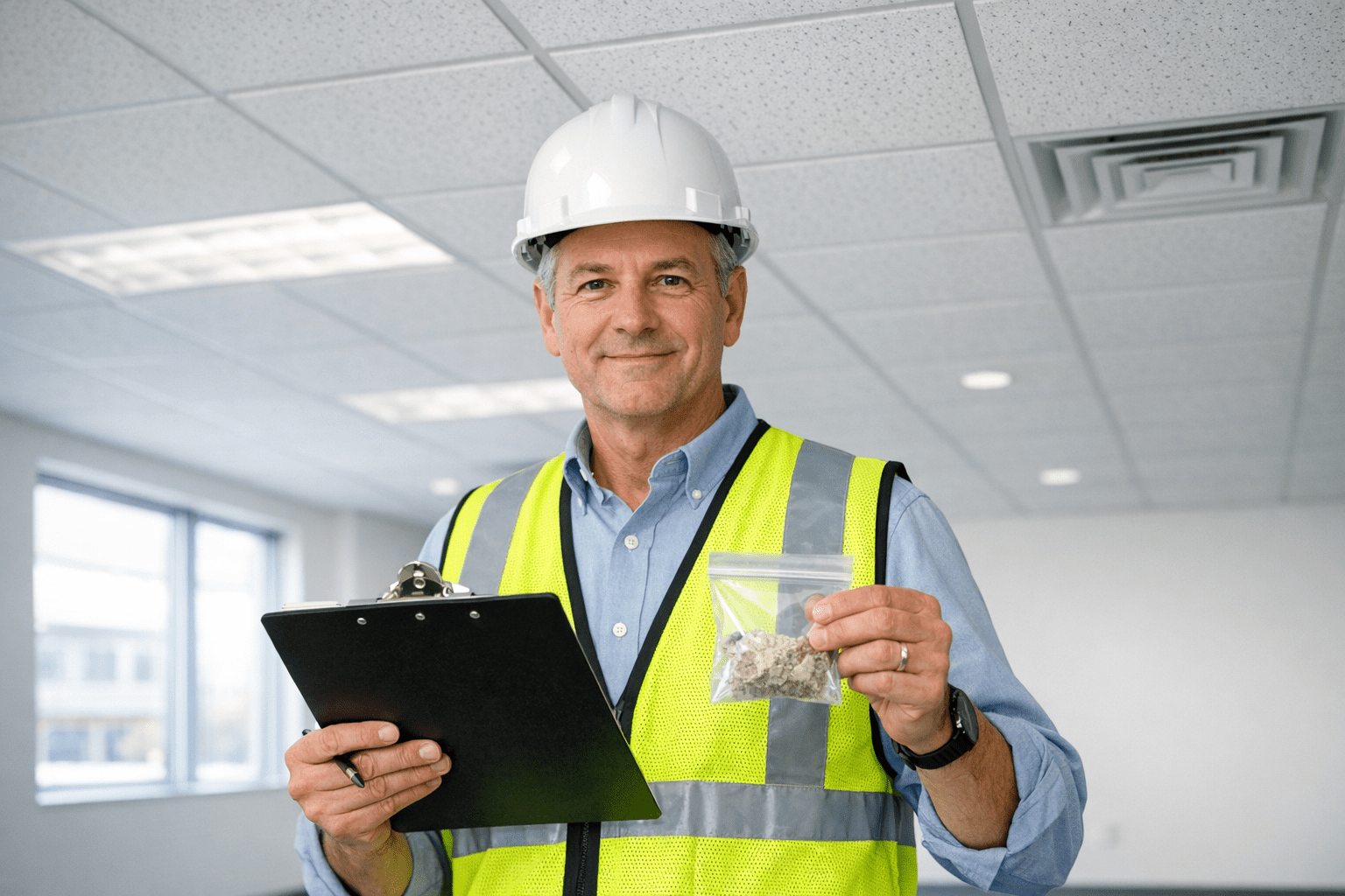 Surveyor inspecting ceiling for asbestos during management survey