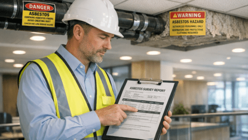 Building manager reviewing asbestos register and management plan