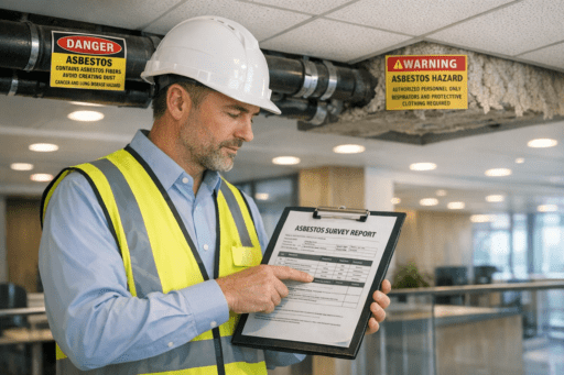 Building manager reviewing asbestos register and management plan