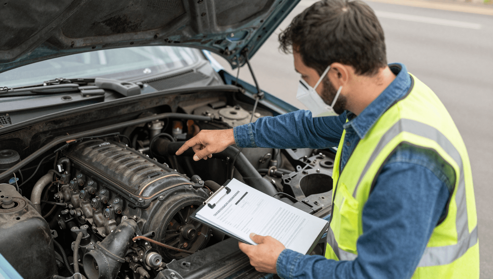 Asbestos surveyor inspecting heritage vehicle for REACH exemption certificates compliance.
