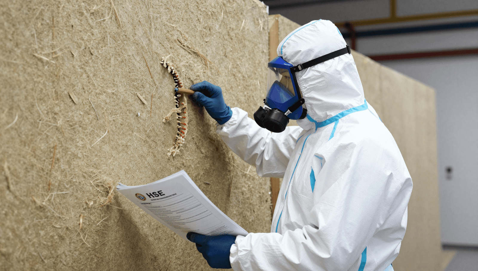 Licensed asbestos contractor inspecting licensable work with asbestos materials in UK commercial property