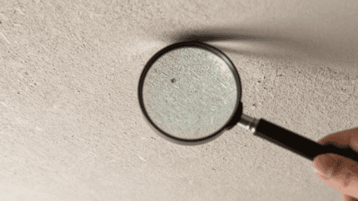 A magnifying glass examining a textured artex ceiling to see how do you know if artex has asbestos.