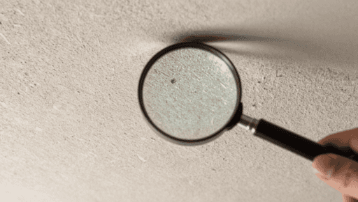 A magnifying glass examining a textured artex ceiling to see how do you know if artex has asbestos.
