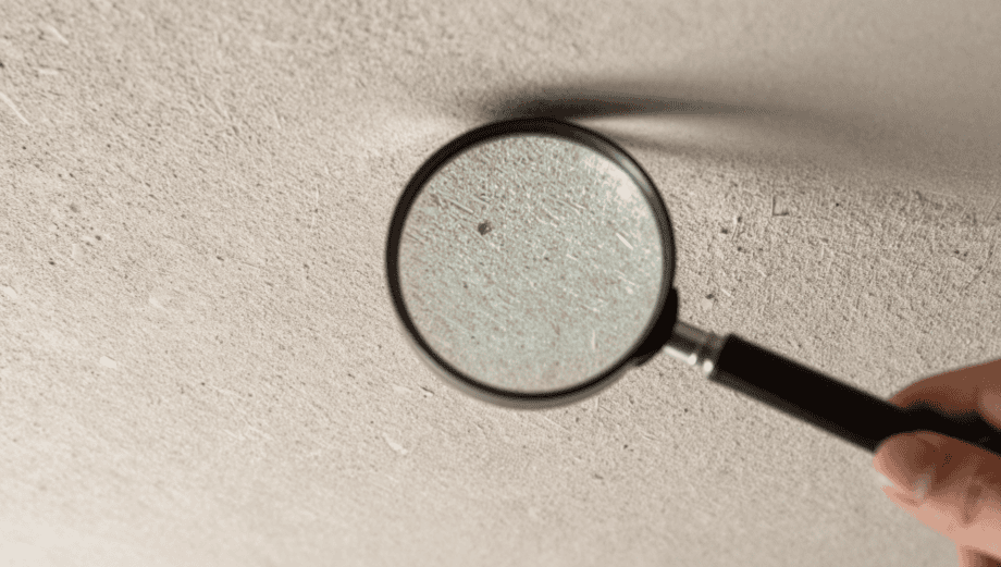 A magnifying glass examining a textured artex ceiling to see how do you know if artex has asbestos.
