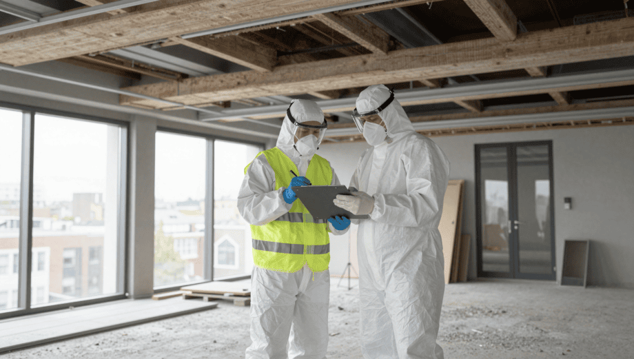 Professional surveyor carrying out an R and D asbestos survey in a UK commercial property.