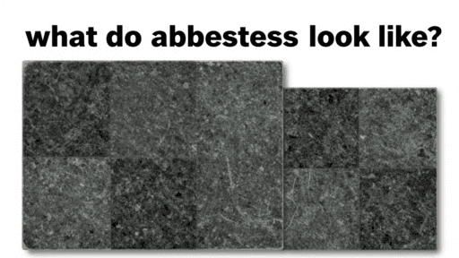 A close-up of what asbestos tiles look like, showing a dark grey marbleised pattern on a 9x9 inch square tile.