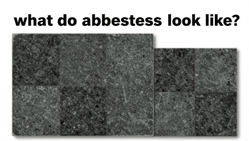 A close-up of what asbestos tiles look like, showing a dark grey marbleised pattern on a 9x9 inch square tile.