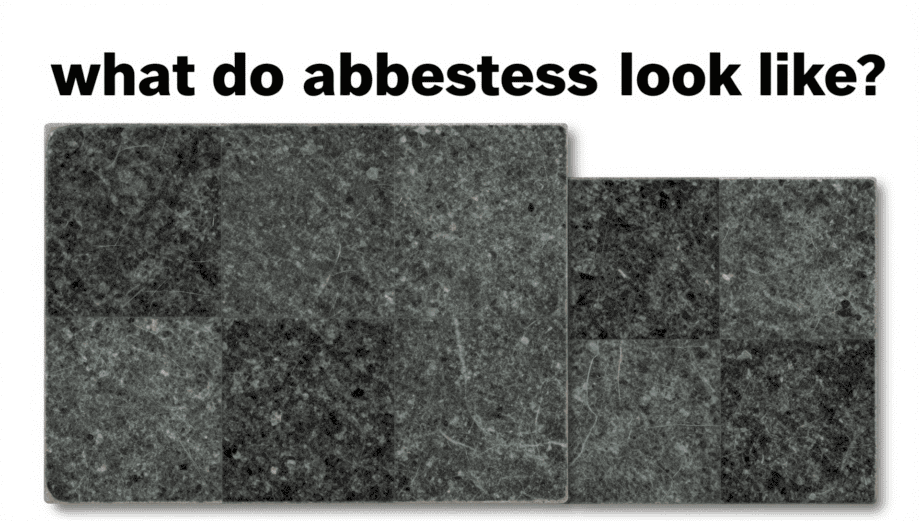 A close-up of what asbestos tiles look like, showing a dark grey marbleised pattern on a 9x9 inch square tile.