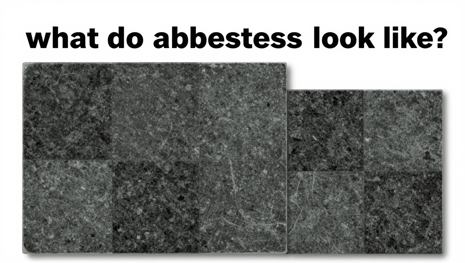 A close-up of what asbestos tiles look like, showing a dark grey marbleised pattern on a 9x9 inch square tile.